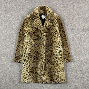 Y2K Faux Fur Leopard Print Mid Length Teddy Coat Womens Medium Hook Loop Closure